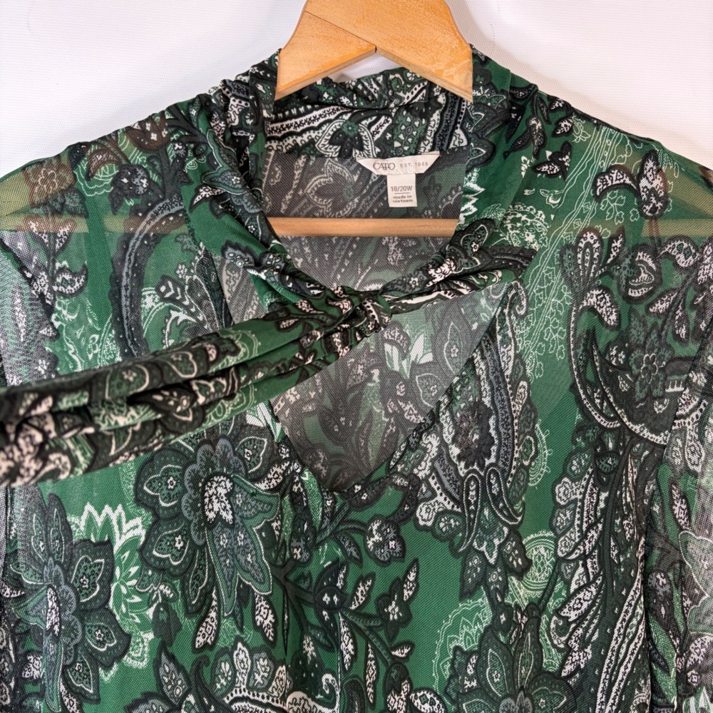 Cato Blouse Womens 18/20W Green Paisley Tie Neck Tiered Bell Sleeve Mesh Overlay - Picture 3 of 10